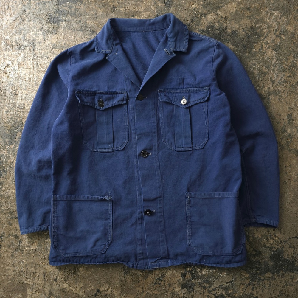 Vintage 1950s Blue French Work Jacket Cotton Chore Coat
